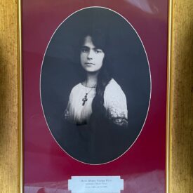 Retrato retangular com moldura dourada e paspatur em formato oval, forrado em veludo vermelho. O espaço reservado à imagem, no interior da moldura, mostra Maria Silvana Pitanga Pires trajando uma peça branca lisa, sem estampas. Seus cabelos são escuros e estão soltos por cima de um dos ombros. Em seu pescoço, se encontra um crucifixo. A figura, retratada levemente de perfil, dirige seu olhar para frente, encarando diretamente o espectador. A imagem está em preto e branco.