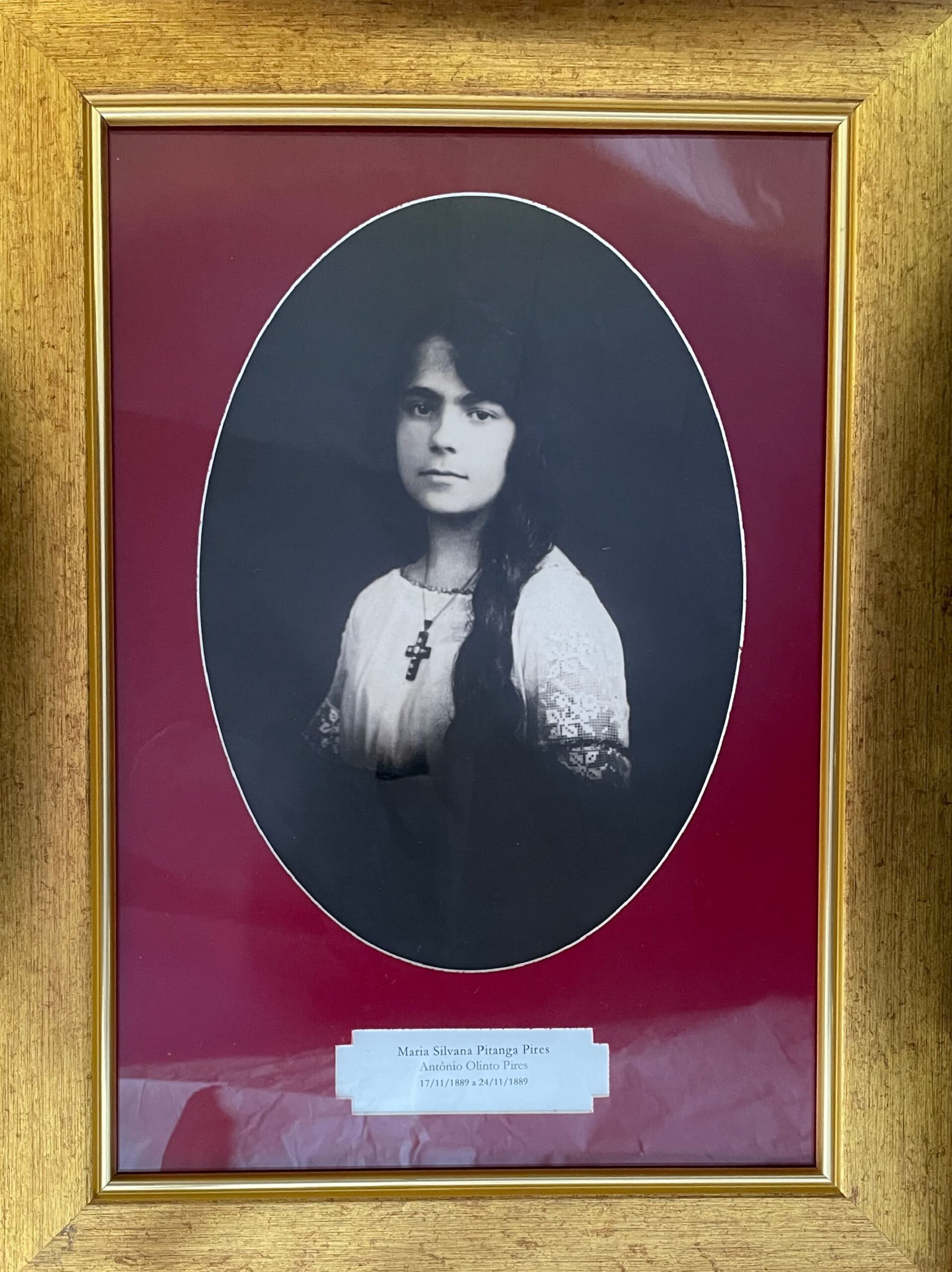 Retrato retangular com moldura dourada e paspatur em formato oval, forrado em veludo vermelho. O espaço reservado à imagem, no interior da moldura, mostra Maria Silvana Pitanga Pires trajando uma peça branca lisa, sem estampas. Seus cabelos são escuros e estão soltos por cima de um dos ombros. Em seu pescoço, se encontra um crucifixo. A figura, retratada levemente de perfil, dirige seu olhar para frente, encarando diretamente o espectador. A imagem está em preto e branco.